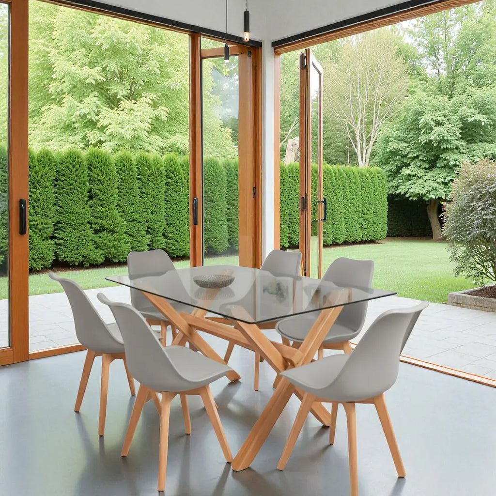 COMEDOR MESA VIDRIO 1.40X90 CM 6 SILLAS TULIP