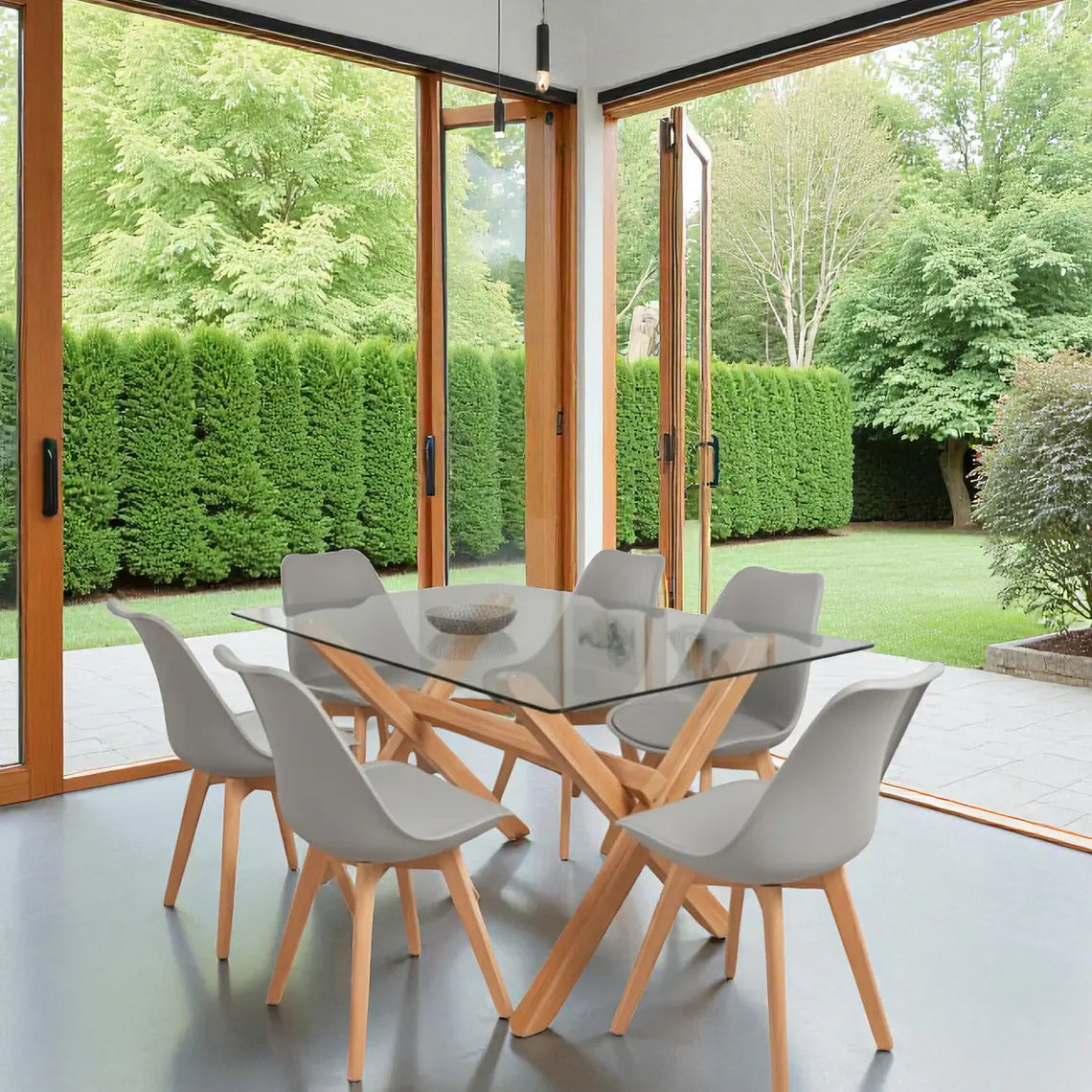 COMEDOR MESA VIDRIO 1.40X90 CM 6 SILLAS TULIP
