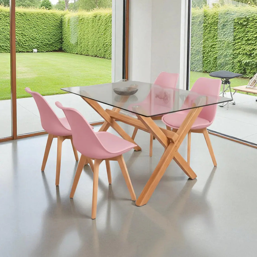 COMEDOR MESA VIDRIO 1.40X90 CM 4 SILLAS TULIP