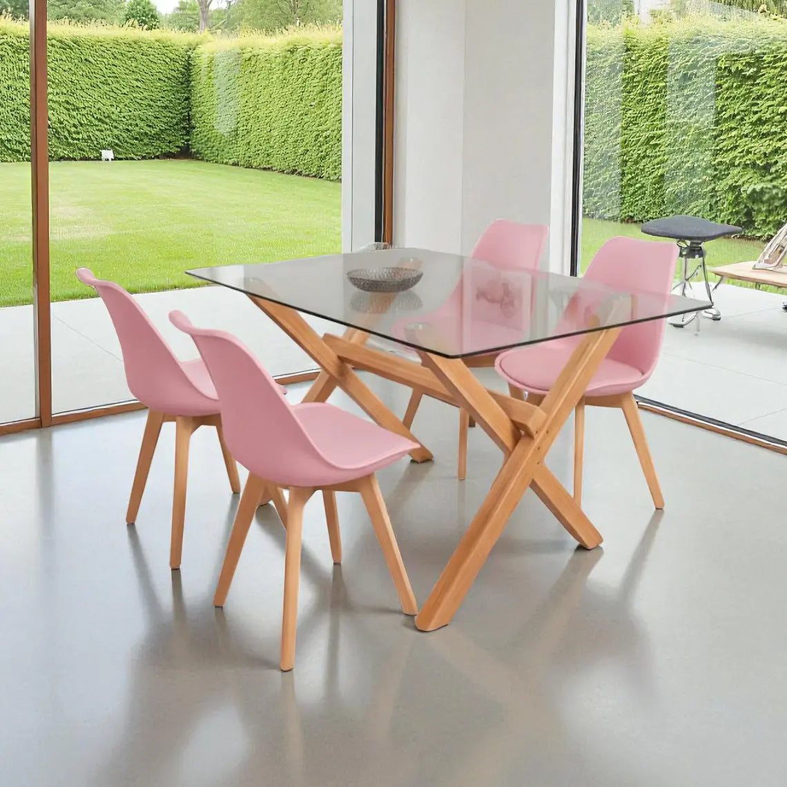 COMEDOR MESA VIDRIO 1.40X90 CM 4 SILLAS TULIP