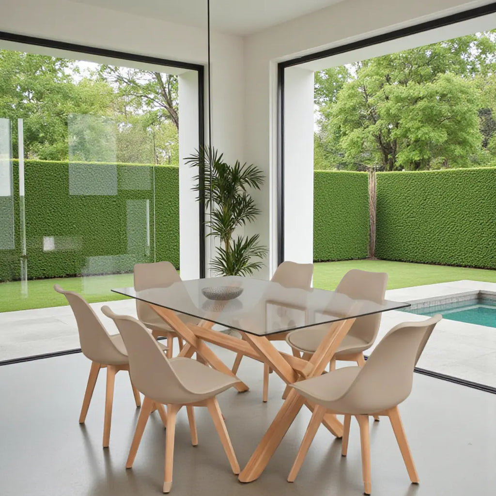 COMEDOR MESA VIDRIO 1.40X90 CM 6 SILLAS TULIP