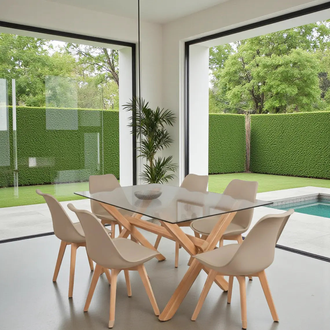 COMEDOR MESA VIDRIO 1.40X90 CM 6 SILLAS TULIP