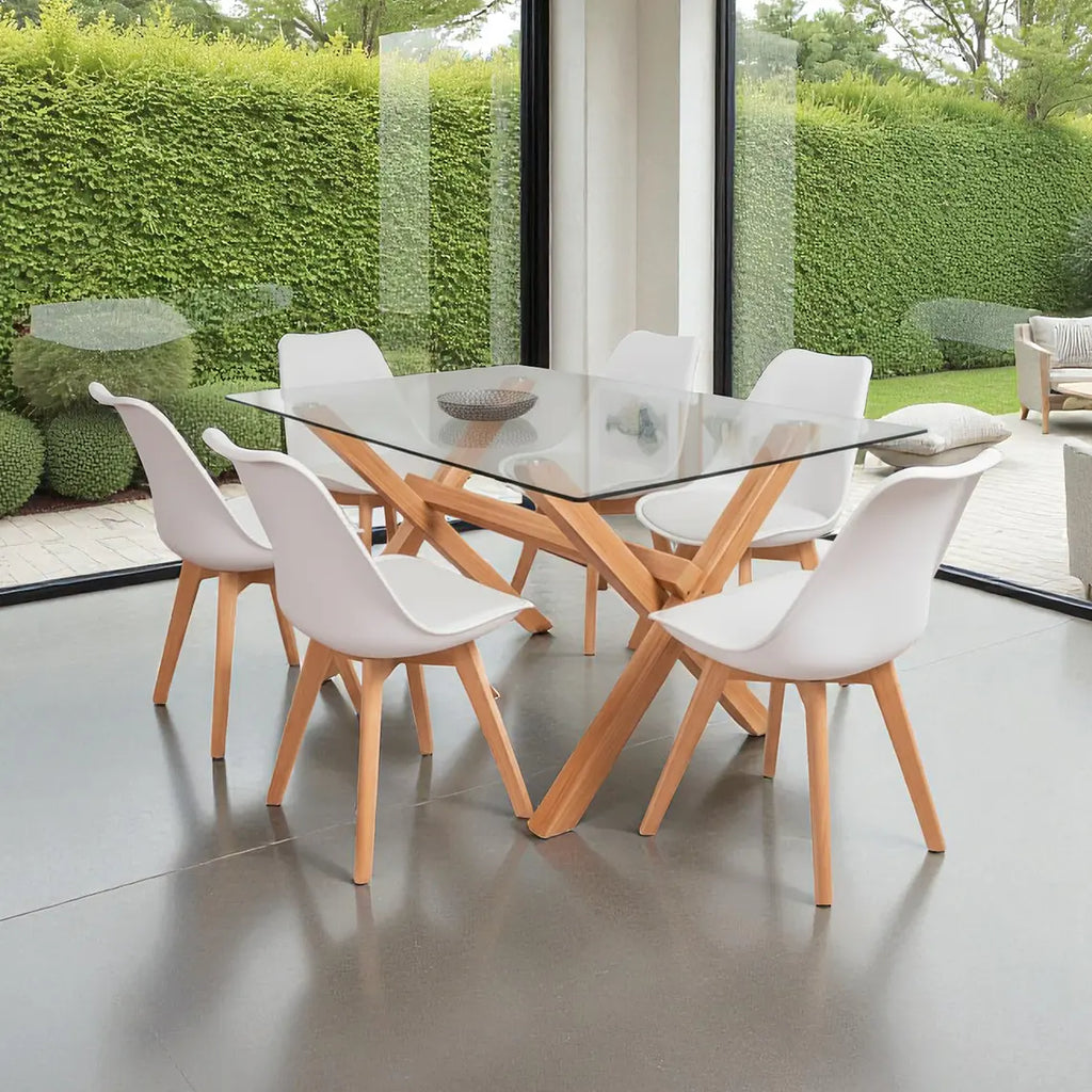 COMEDOR MESA VIDRIO 1.40X90 CM 6 SILLAS TULIP