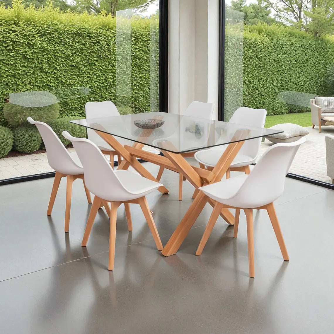 COMEDOR MESA VIDRIO 1.40X90 CM 6 SILLAS TULIP