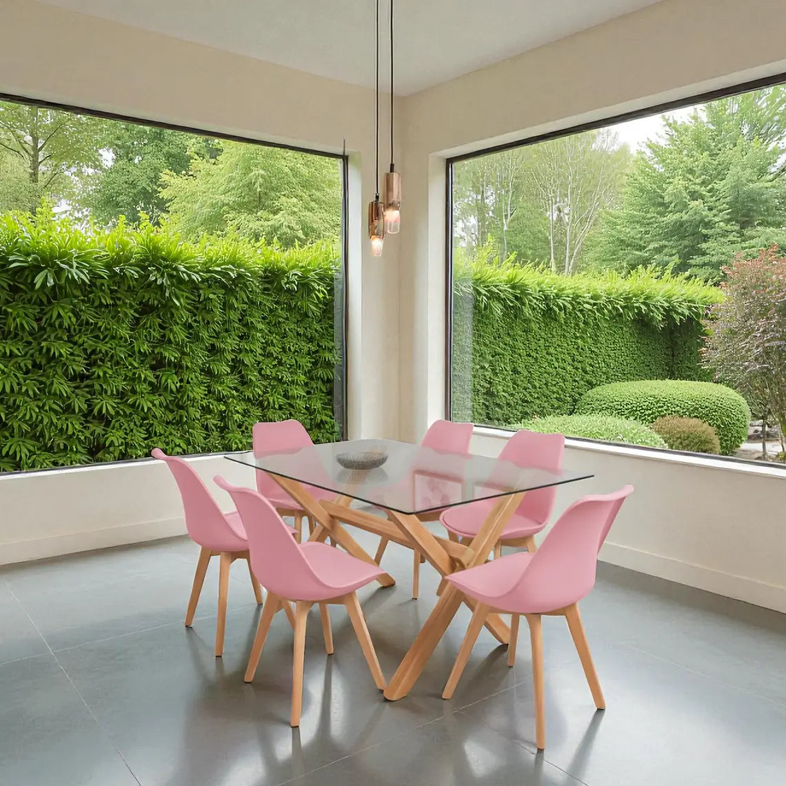 COMEDOR MESA VIDRIO 1.40X90 CM 6 SILLAS TULIP