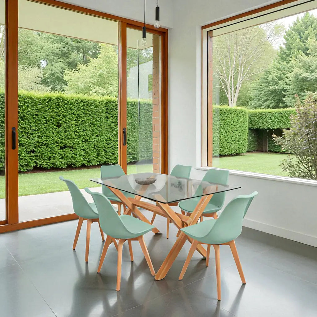 COMEDOR MESA VIDRIO 1.40X90 CM 6 SILLAS TULIP