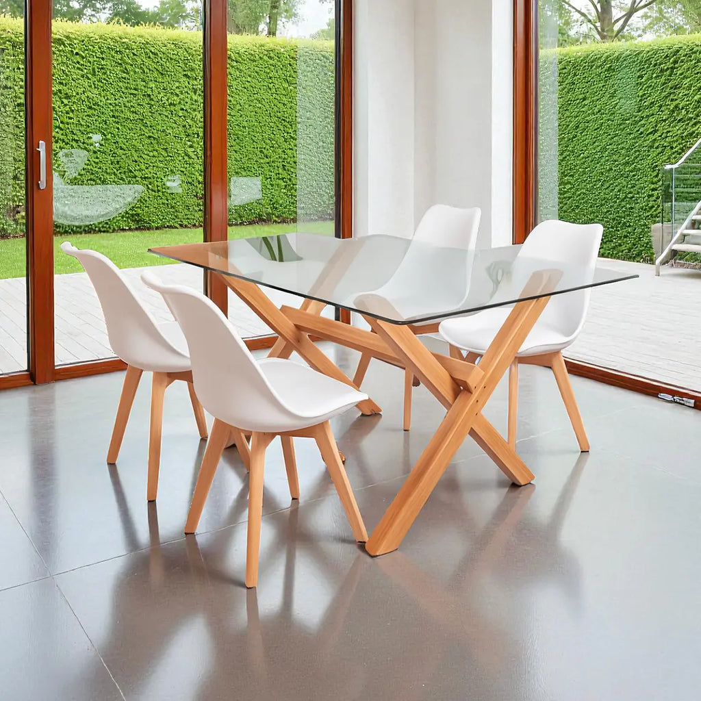 COMEDOR MESA VIDRIO 1.40X90 CM 4 SILLAS TULIP
