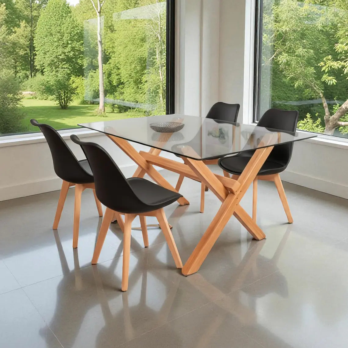 COMEDOR MESA VIDRIO 1.40X90 CM 4 SILLAS TULIP