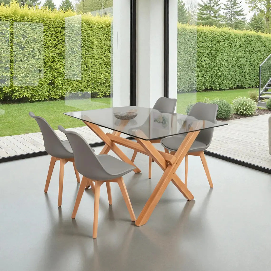 COMEDOR MESA VIDRIO 1.40X90 CM 4 SILLAS TULIP