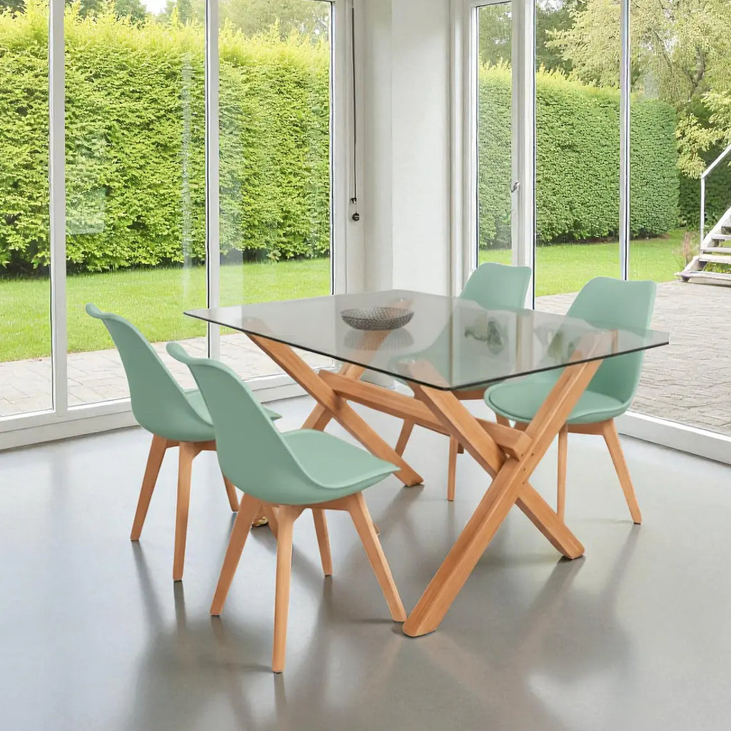 COMEDOR MESA VIDRIO 1.40X90 CM 4 SILLAS TULIP