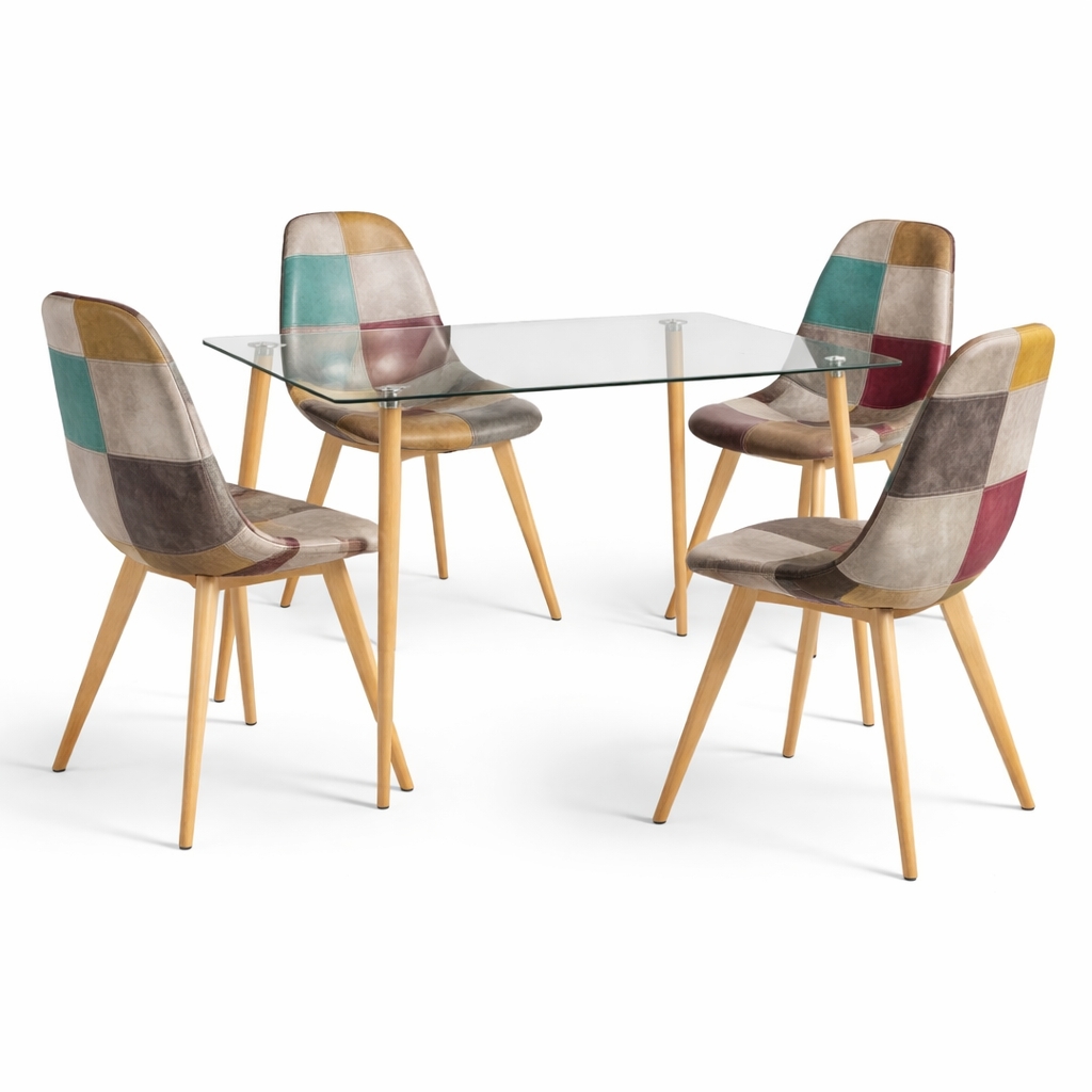 Mesa Vidrio 120x80 + 4 Sillas Patchwork Cuero para tulip