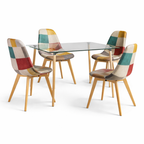 Mesa Vidrio 120x80 + 4 Sillas Patchwork Cuero para tulip