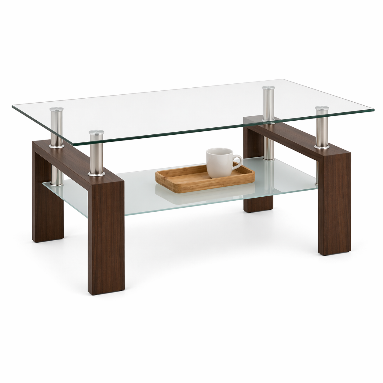 Mesa de Centro para Living Rectangular de Vidrio y Madera Oscura